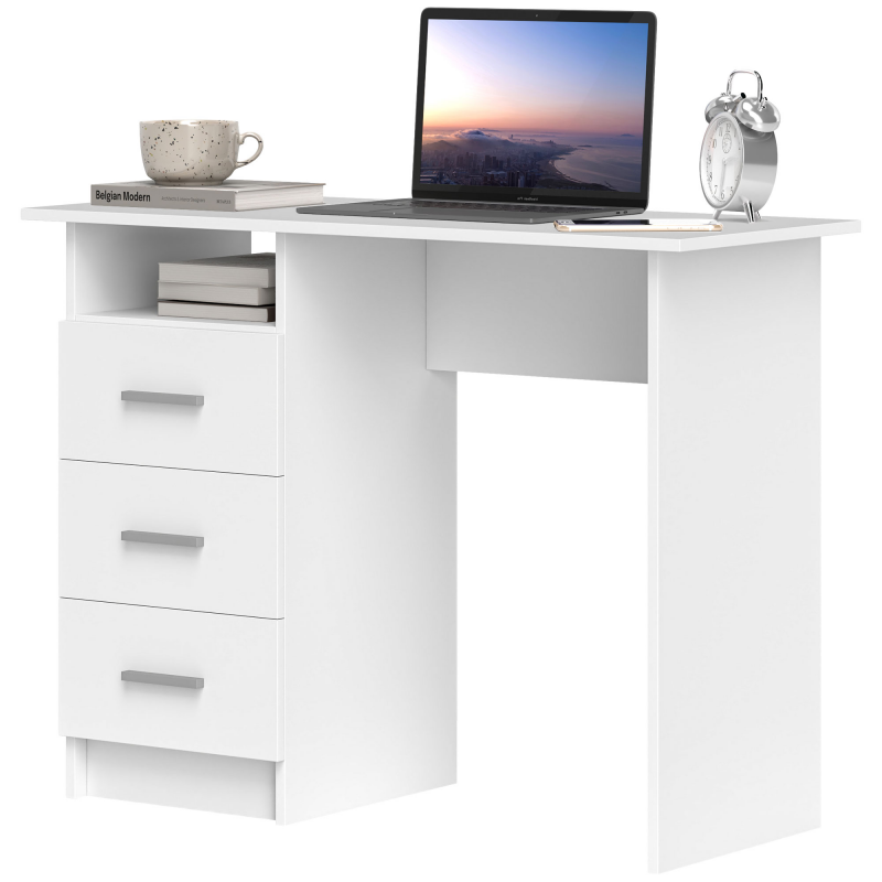 HOMCOM Schreibtisch mit 3 Schubladen und offenem Regal, Holzschreibtisch für Büro, Studium und Schlafzimmer, 100x40x75 cm, Weiß Aosom – Bild 1 von 2