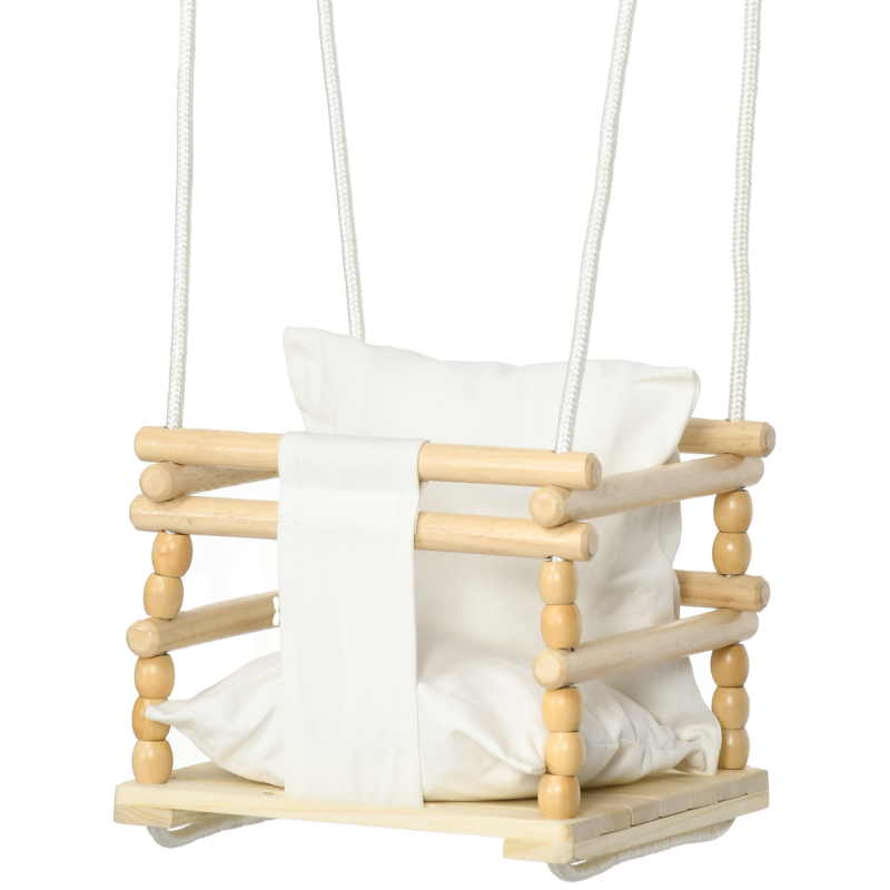 AIYAPLAY Kinderschaukel 9-36 Monate aus Holz und Baumwolle für Innen und Außen mit verstellbarem Seil und abnehmbarem Kissen, 30x30x110-180 cm, Farbe Holz und Weiß Aosom – Bild 1 von 2
