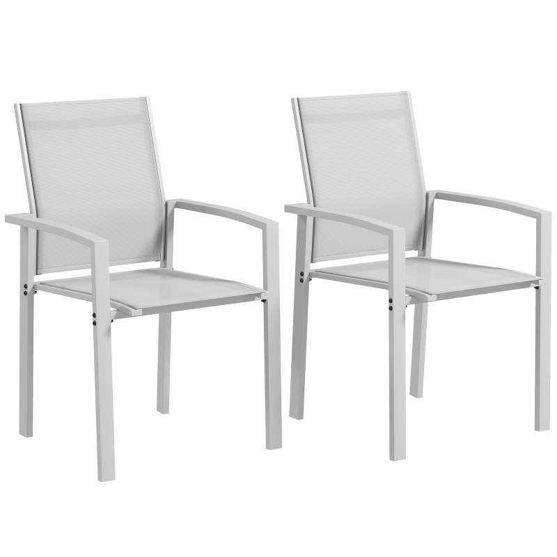 Outsunny Set 2 Stapelbare Gartenstühle mit Armlehnen, Essstühle aus Aluminium und Texteline, wasserdicht, für Terrasse, Balkon, Garten, Innen- und Außenbereich, 56x58x89cm, Hellgrau Aosom – Bild 1 von 2