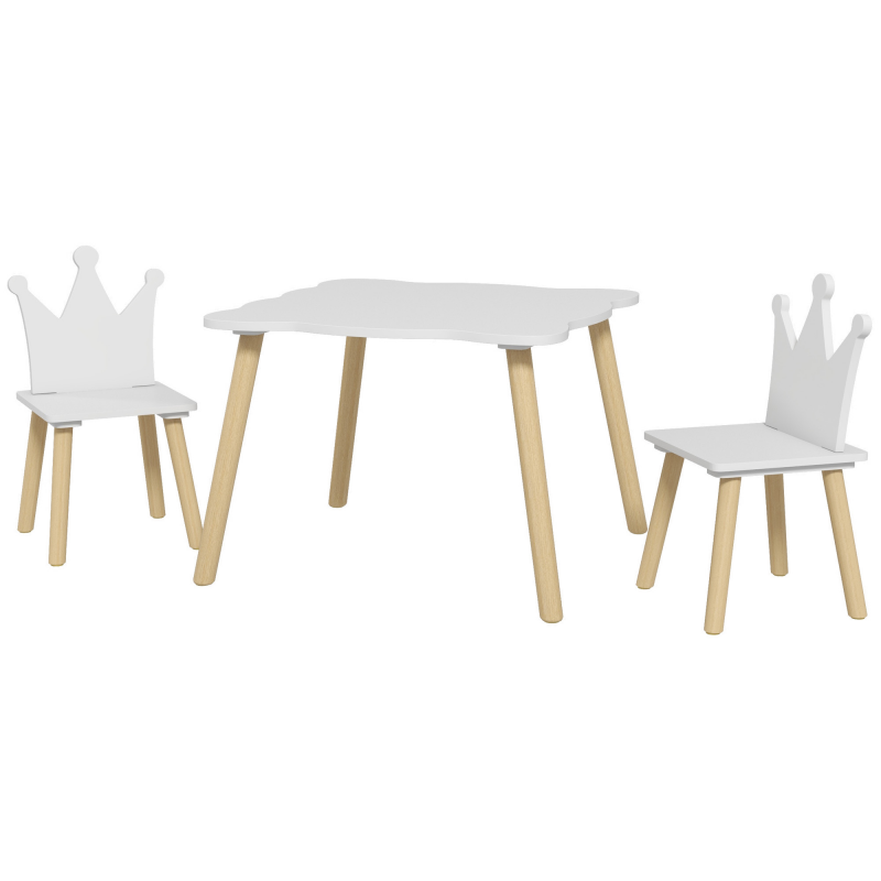 AIYAPLAY Set Tisch und 2 Stühle für Kinder 3-6 Jahre, Gewellter Kindertisch und Stühle mit Krönchen-Rückenlehne, Weiß Aosom – Bild 1 von 2