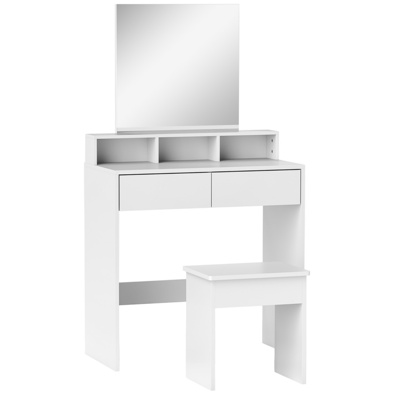 HOMCOM Schminktisch mit Hocker und Spiegel, 3 Regale, 2 Schubladen, Moderner Schminktisch aus Holz für Schlafzimmer, 75x38x135 cm, Weiß Aosom – Bild 1 von 2