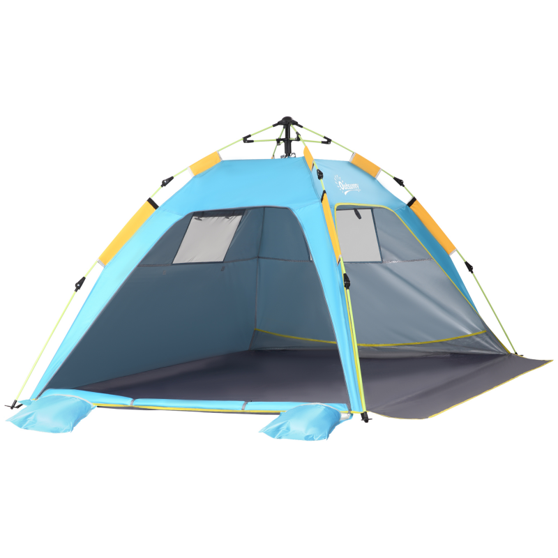 Outsunny Strandzelt mit schließbaren Fenstern und Reißverschlusstür, Sofortiges Zelt aus Polyester und Glasfaser, 220x173x120 cm, Hellblau und Gelb Aosom – Bild 1 von 2