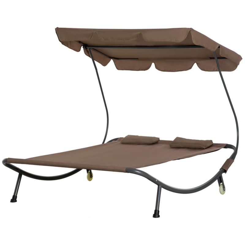 Outsunny Doppelbett Sonnenliege mit Sonnenschirm, verstellbar für den Außen- und Gartenbereich, 200x175x134cm Braun Aosom – Bild 1 von 2