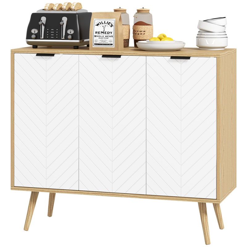 HOMCOM Niedrigschrank, Aufbewahrungsmöbel, höhenverstellbare Regale, 2 Schränke, 3 Türen Chevron-Muster, für Küche, Esszimmer, Wohnzimmer, 91,5 x 35 x 77,4 cm, Weiß und Naturholz Aosom – Bild 1 von 2