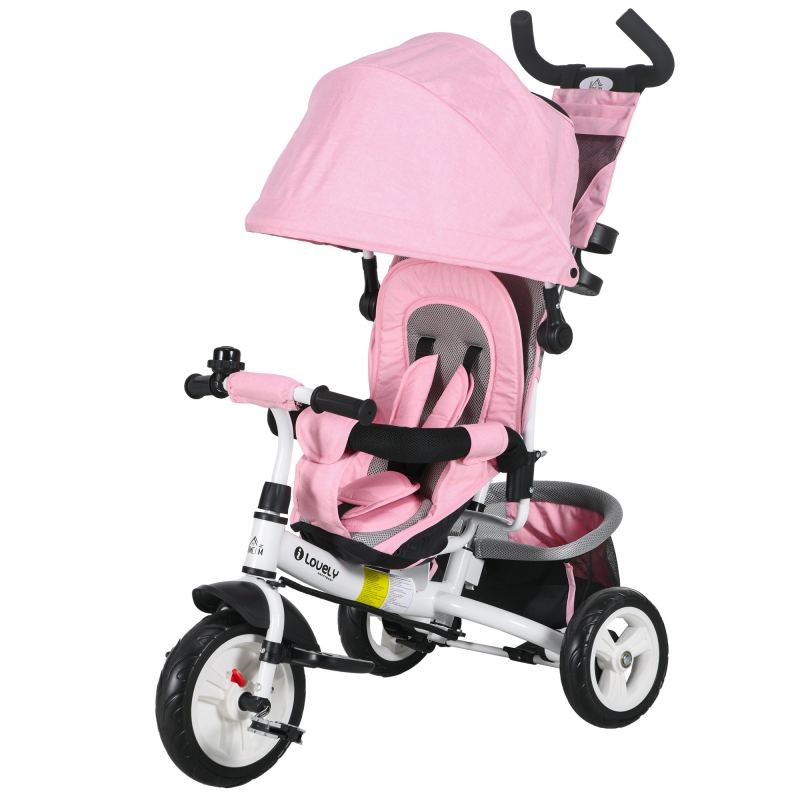 HOMCOM 6 in 1 Kinderdreirad 1-5 Jahre mit Lenker, verstellbarem Verdeck, Gurt und Korb, Kinderwagen-Dreirad aus Metall und Polyester, 102x49x102 cm, Weiß und Rosa Aosom – Bild 1 von 2