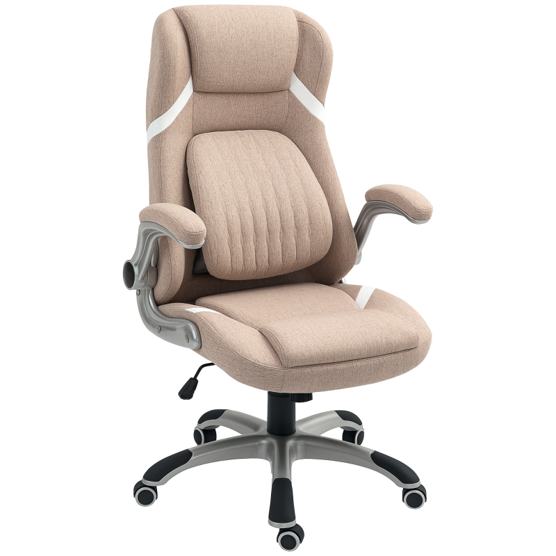 Vinsetto Bürostuhl Ergonomisch mit Klappbaren Armlehnen und Kopfstütze, Drehbarer Schreibtischstuhl mit Verstellbarer Lordosenstütze, Höhenverstellbar und Wippfunktion in Leinenstoff für Büro, Hellbraun Aosom – Bild 1 von 2