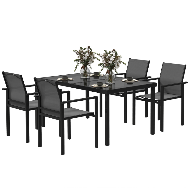 Outsunny Gartenmöbel Set für 4 Personen, Gartentisch mit 4 stapelbaren Stühlen, 140 cm gehärtetes Glasplatte, 54 mm Sonnenschirmloch, Gartenmöbel, Terrasse, Veranda, Schwarz Aosom – Bild 1 von 2