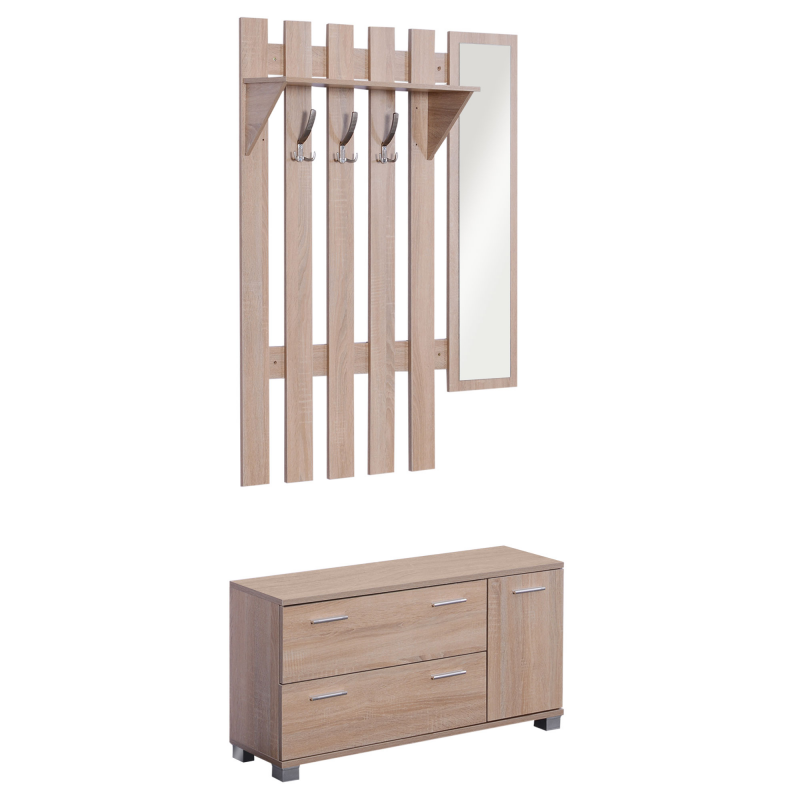 HOMCOM Set Garderobenmöbel 3 in 1 mit Spiegel und Schuhschrank für den Eingangsbereich Spanplatte 90 x 21,5 x 116 cm Eiche Aosom – Bild 1 von 2