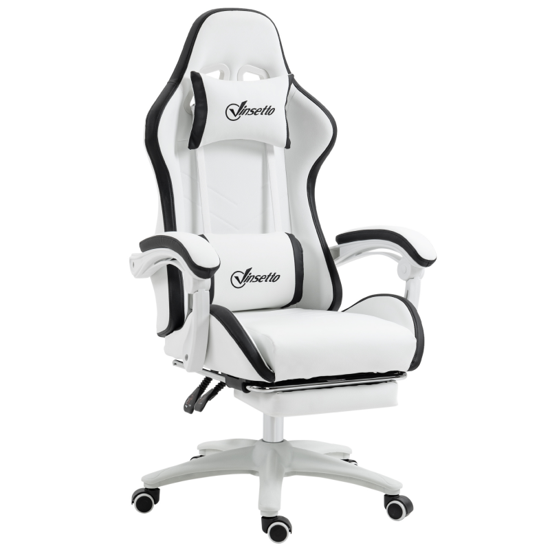 Vinsetto Gaming-Stuhl ergonomischer Gaming-Stuhl mit teleskopischem Fußstützen, 135° neigbarer Rückenlehne, verstellbarer Kopfstütze und Lendenwirbelstütze, 360° drehbarer Bürostuhl aus Polyurethan, Weiß Aosom – Bild 1 von 2