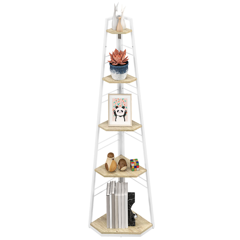HOMCOM Eckregal mit 5 Regalböden, Modernes Faltbares Regal mit Verstellbaren Füßen, Regal aus Stahl und Holz, 37,5x37,5x160 cm, Farbe Holz Aosom – Bild 1 von 2