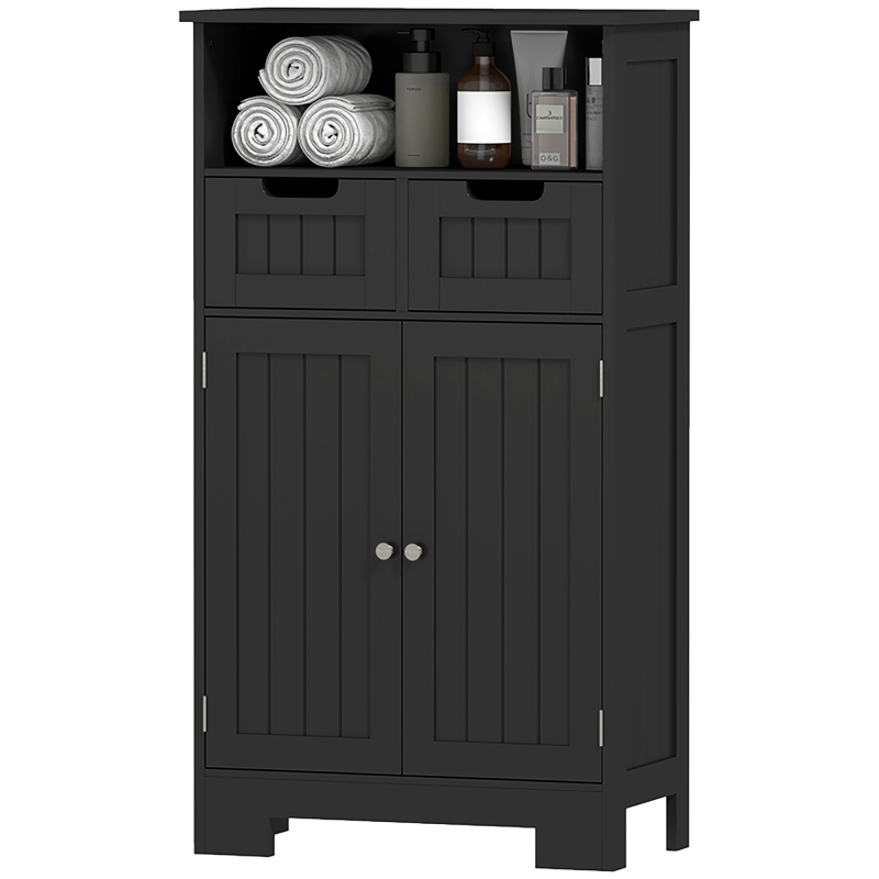 Kleankin Badezimmerschrank, Aufbewahrungsmöbel mit 2 Schubladen, Fach, Schrank mit Tür, verstellbarem Regal, Badezimmermöbel, Küche, Wohnzimmer, 60 x 30 x 109 cm, Schwarz Aosom – Bild 1 von 2