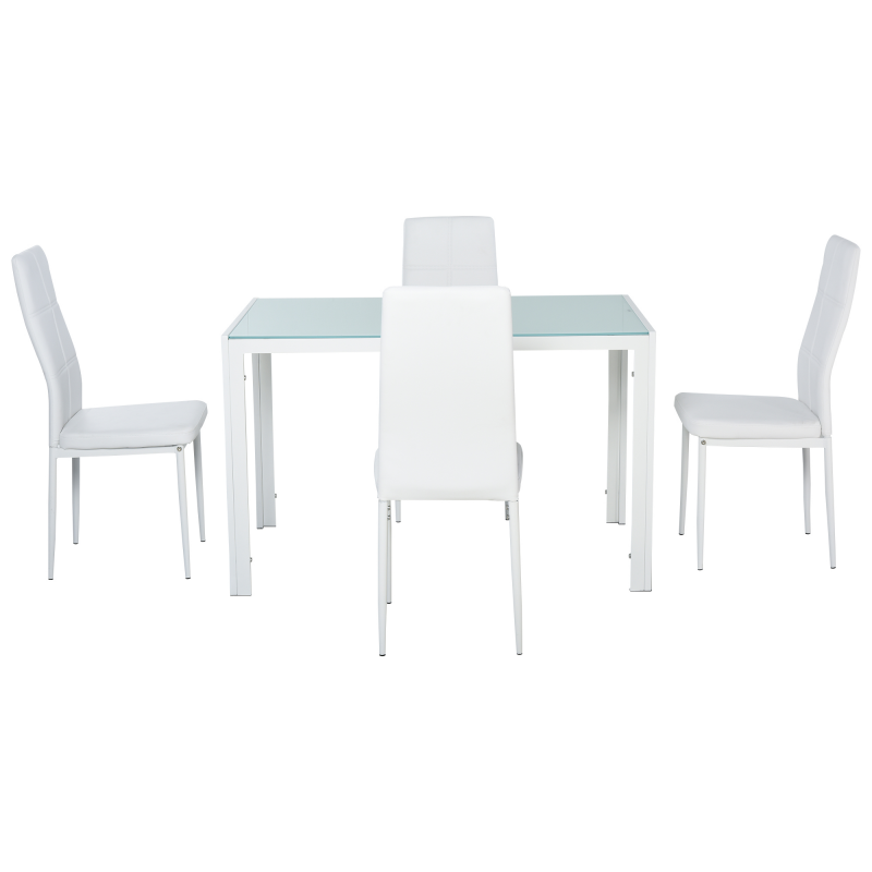 HOMCOM Esszimmer-Set mit Esstisch und Stühlen für 4 Personen, Küchentisch mit Stühlen, rechteckige Glasplatte, Metallgestell, für Küche Wohnzimmer Zuhause, Weiß Aosom – Bild 1 von 2