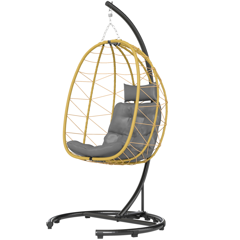 Outsunny Hängesessel 150kg max mit Faltkorb und Kissen, Garten Schaukelstuhl aus Stahl und PE Rattan, 102x102x195 cm, Schwarz Grau und Beige Aosom – Bild 1 von 2