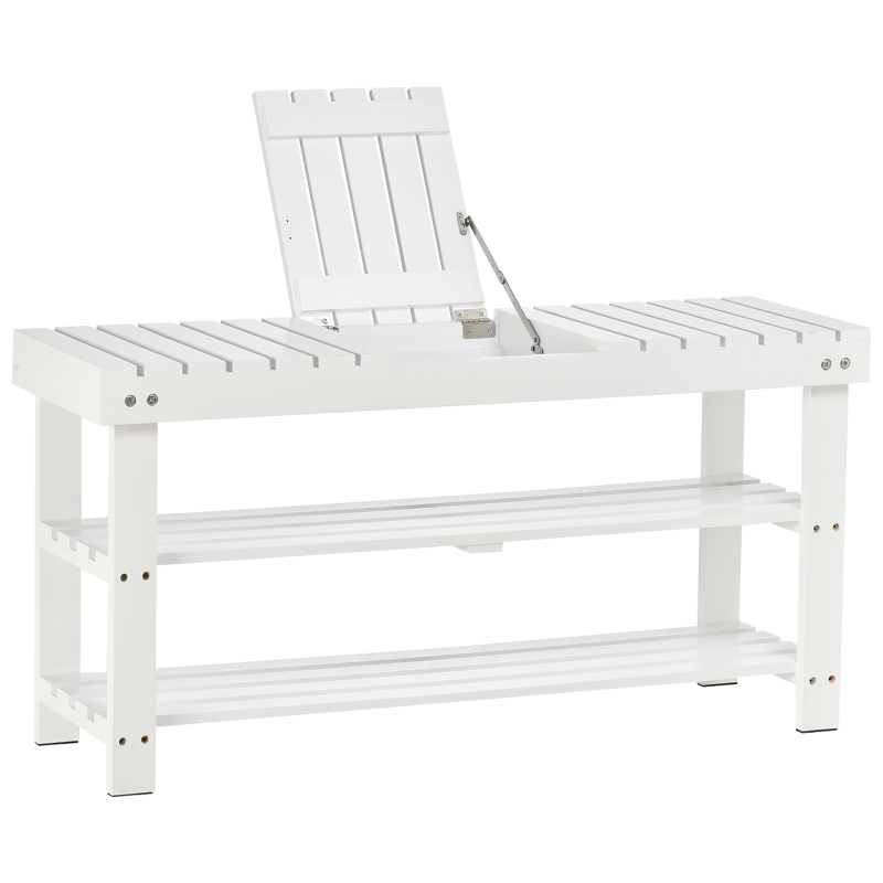 HOMCOM Schuhschrank, Schuhablage aus Holz mit 3 Ebenen, Aufbewahrungsregal und verstecktem Fach, Flurbank, Schlafzimmer, 90 x 29 x 45 cm, weiß Aosom – Bild 1 von 2