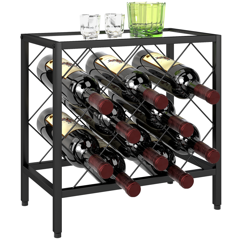 HOMCOM Weinflaschenhalter für insgesamt 10 Flaschen mit Ablage aus gehärtetem Glas, Weinregal aus Stahl, für Küche, Speisekammer, Keller und Bar, 41x22x41 cm, Schwarz Aosom – Bild 1 von 2