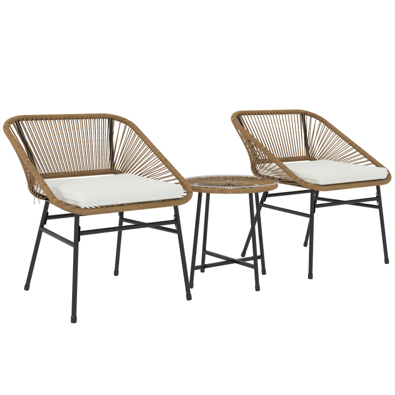 Outsunny Gartenmöbelset 3-teilig aus PE-Rattan und Stahl, 2 Stühle mit Kissen und runder Kaffeetisch mit Glasplatte, Balkonmöbel-Set, für Terrasse und Hof, Naturholzfarbe Aosom – Bild 1 von 2