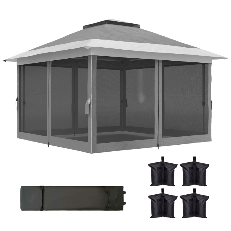 Outsunny Faltbares Pavillon 3,6x3,6 m mit Netzseiten, Höhenverstellbar und UV-Schutz, Robuster Pop-Up Outdoor-Pavillon mit Doppeltem Dach, Sandsäcken und Tasche mit Rollen, Grau Aosom – Bild 1 von 2
