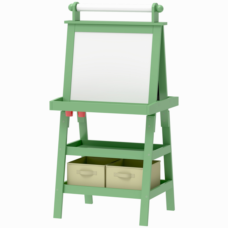 AIYAPLAY Kinder-Malereiständer 3-in-1 Doppelseitiger Malereiständer für Kinder mit magnetischer weißer und schwarzer Tafel - Papierrolle + 2 integrierte Aufbewahrungskörbe - Holz grün für 3-6 Jahre Aosom – Bild 1 von 2