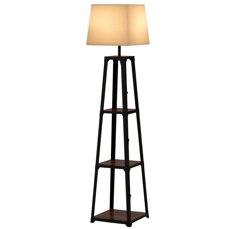 HOMCOM Stehlampe aus Metall und MDF mit 3 Regalen und Stofflampenschirm, Ø42x166 cm, Schwarz und Beige Aosom – Bild 1 von 2