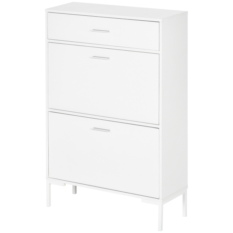HOMCOM Mobile Portascarpe, Moderne Schuhschrank für 12 Paare Schuhe mit 2 Klappflügeltüren und Schublade, aus Spanplatte, MDF und Metall, 75x26x110 cm, Weiß Aosom – Bild 1 von 2