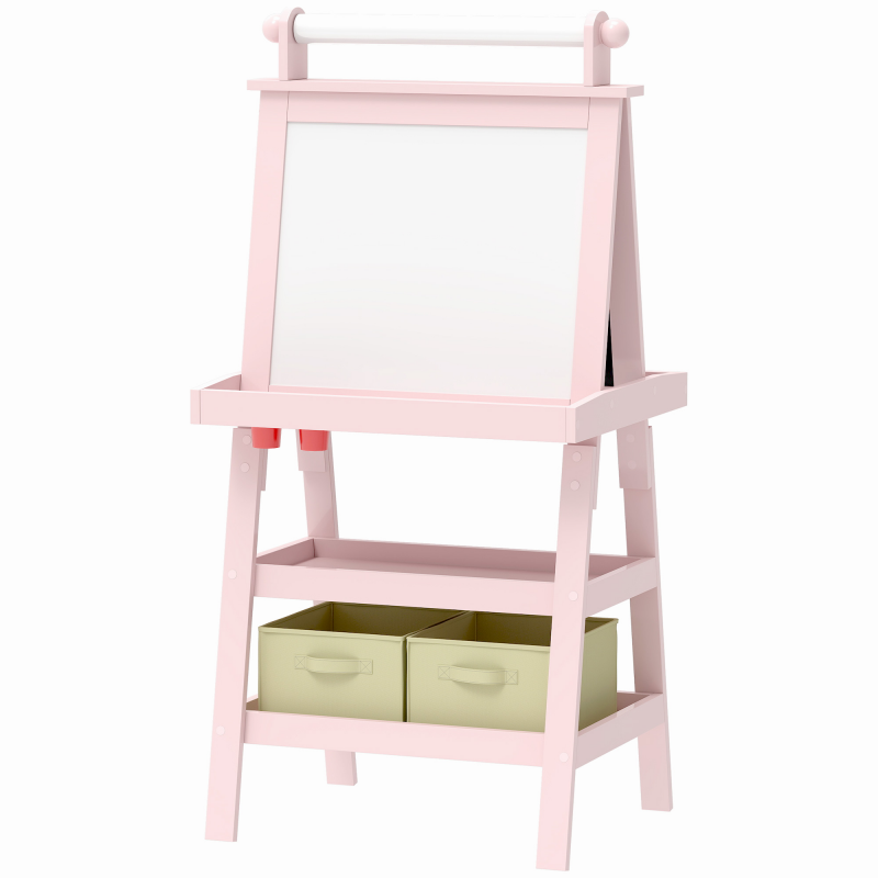 AIYAPLAY Kinder-Malständer 3-in-1 doppelseitige Tafel für Kinder mit magnetischer weißer und schwarzer Tafel - Papierrolle + 2 integrierte Aufbewahrungskörbe - Holz in Rosa für 3-6 Jahre Aosom – Bild 1 von 2