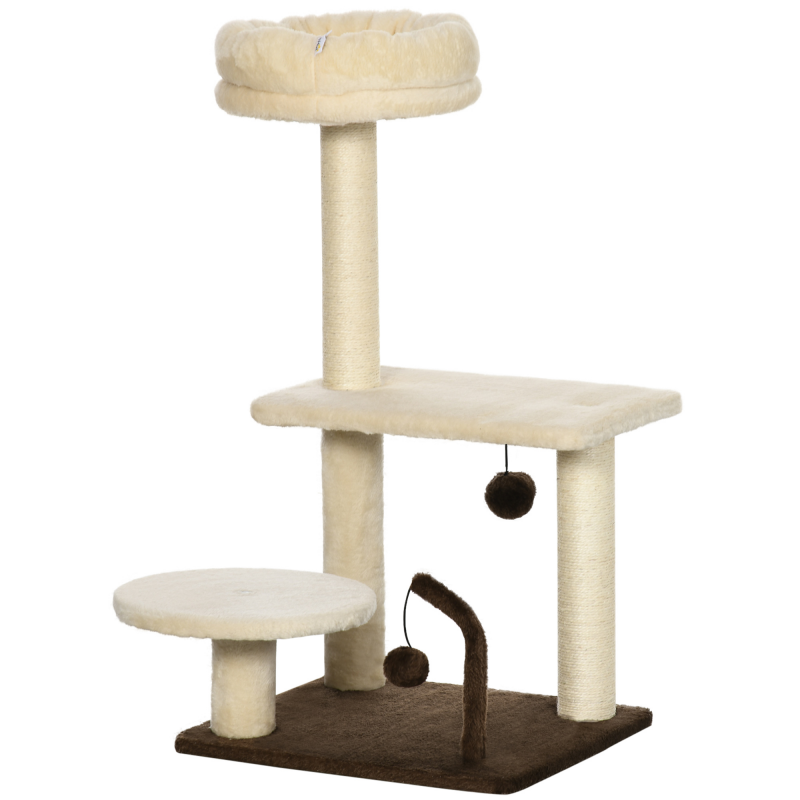 PawHut Kratzbaum für Katzen mit Sisalpfosten, Liegefläche und Spielbällen, aus Spanplatten und Plüsch, 44x38x74 cm, Beige Aosom – Bild 1 von 2