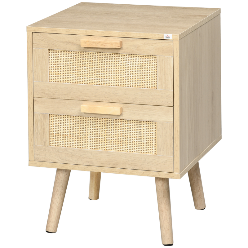HOMCOM Nachttisch für Schlafzimmer mit 2 Schubladen, eleganter Boho Stil 40x40x56cm, Naturholzfarbe Aosom – Bild 1 von 2