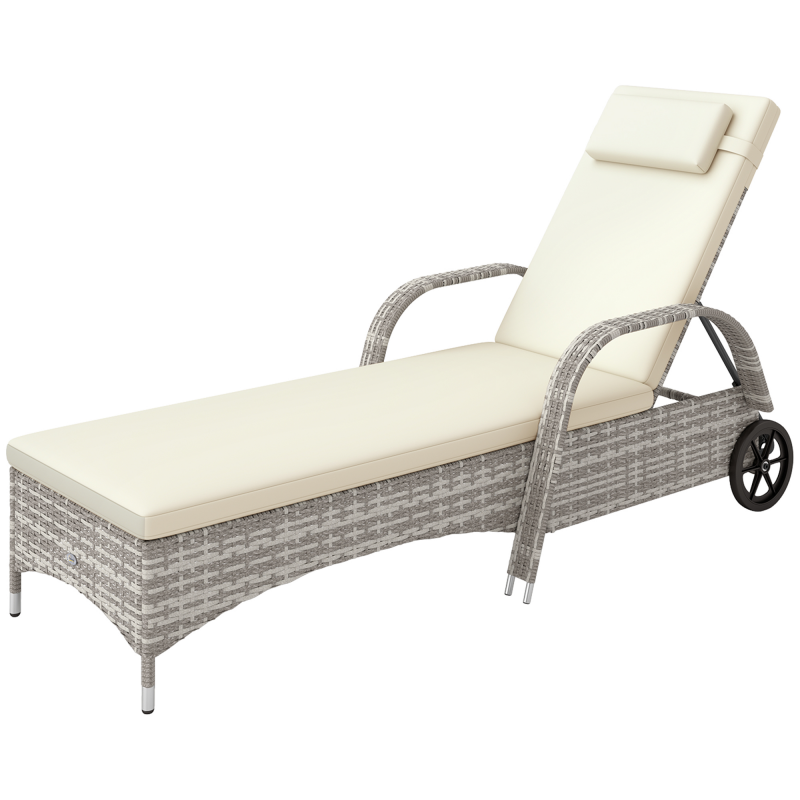Outsunny Gartenliege Sonnenbett mit großem Komfort: Matratze, Kopfstütze, einstellbare Mehrpositionsneigung, Armlehnen, Räder, helles graues Kunststoffgeflecht Aosom – Bild 1 von 2