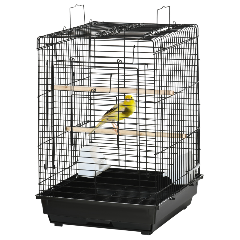 PawHut Vogelkäfig aus Metall mit Futtertränken, Sitzstangen, abnehmbarem Tablett, Griff, Größe 40L x 40B x 59H cm, Schwarz Aosom – Bild 1 von 2
