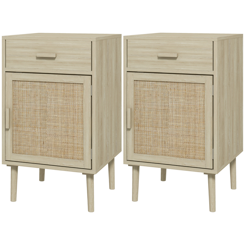 HOMCOM Set mit 2 Nachttischen für das Schlafzimmer mit Schublade und Tür im Boho-Rattan-Stil, Beistelltische in Naturholzoptik Aosom – Bild 1 von 2