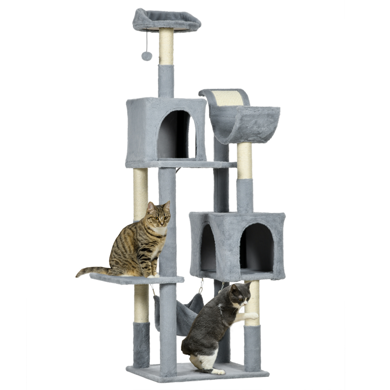 PawHut Kratzbaum für Katzen mit Spielball, Hängematte, Liegebett, 2 Höhlen und Liegeflächen, Kratzbaum aus Spanplatte, Plüsch und Sisal, 55x49x177 cm, Grau und Weiß Aosom – Bild 1 von 2
