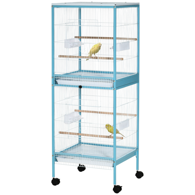 PawHut Vogelkäfig 2 in 1 Voliere für Drinnen mit 4 drehbaren Rädern, herausnehmbaren Schubladen und Kunststoffbehältern, 51,5x50x140 cm, Blau Aosom – Bild 1 von 2