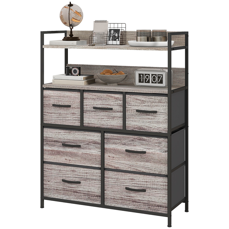 HOMCOM Kommode Schlafzimmer Aufbewahrungsmöbel 7 Schubladen aus Stoff faltbar und herausnehmbar mit offenen Regalen und Stahlrahmen, Schubladenkommode für Wohnzimmer, Schlafzimmer, Eingangsbereich, Grau Aosom – Bild 1 von 2