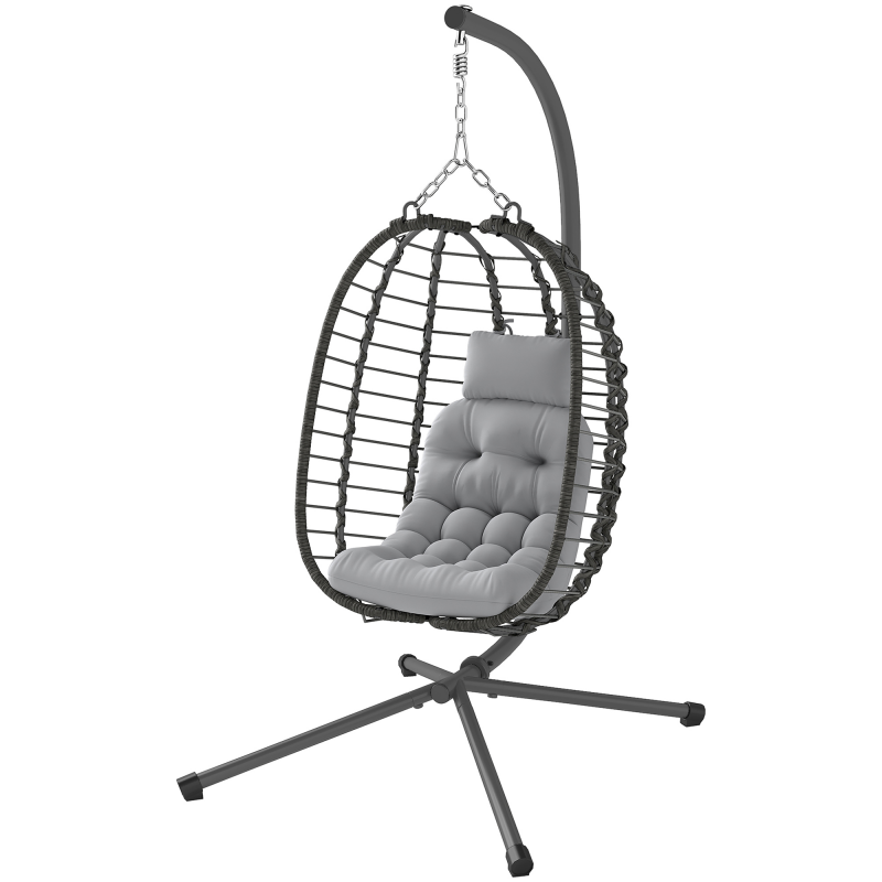 Outsunny Hängender Rattansessel mit Haken, Gepolstertem Kissen und Kopfstütze, Garten-Hängesessel Klappbar mit X-förmigem Stahl, für Innen- und Außenbereich, Hellgrau Aosom – Bild 1 von 2