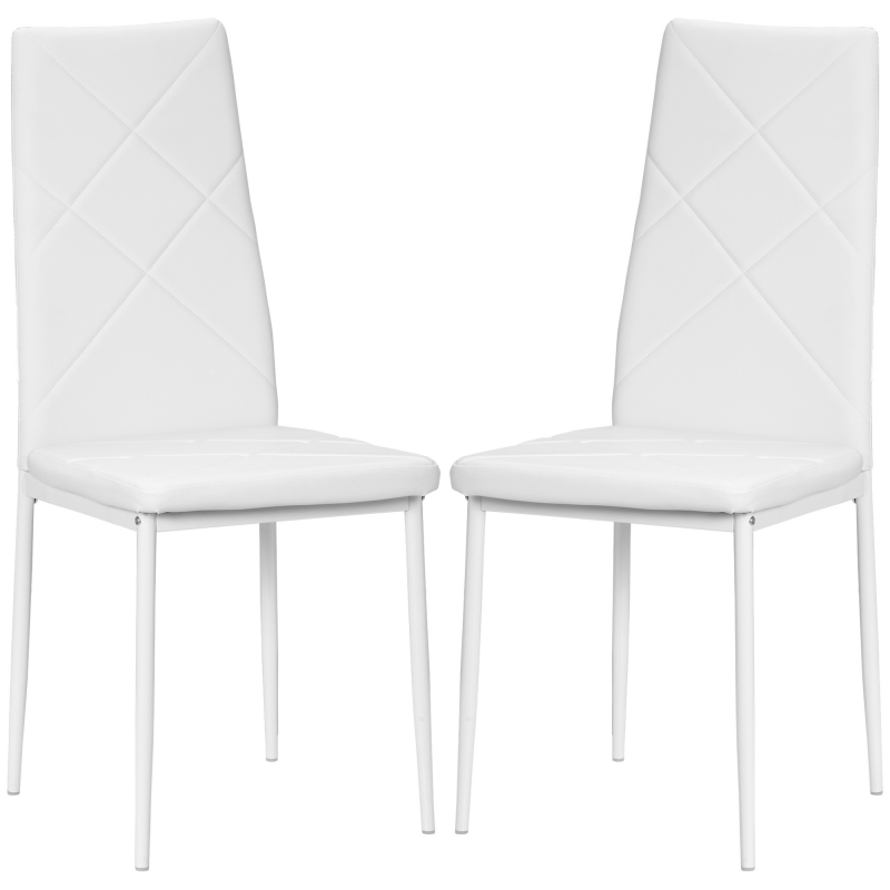 HOMCOM Set 2 Esszimmerstühle mit hoher Rückenlehne, Küchenstühle aus Kunstleder mit Diamantsteppung, rutschfeste Fußkappen und Stahlbeine für Wohnzimmer, 41x50x97 cm, Weiß Aosom – Bild 1 von 2