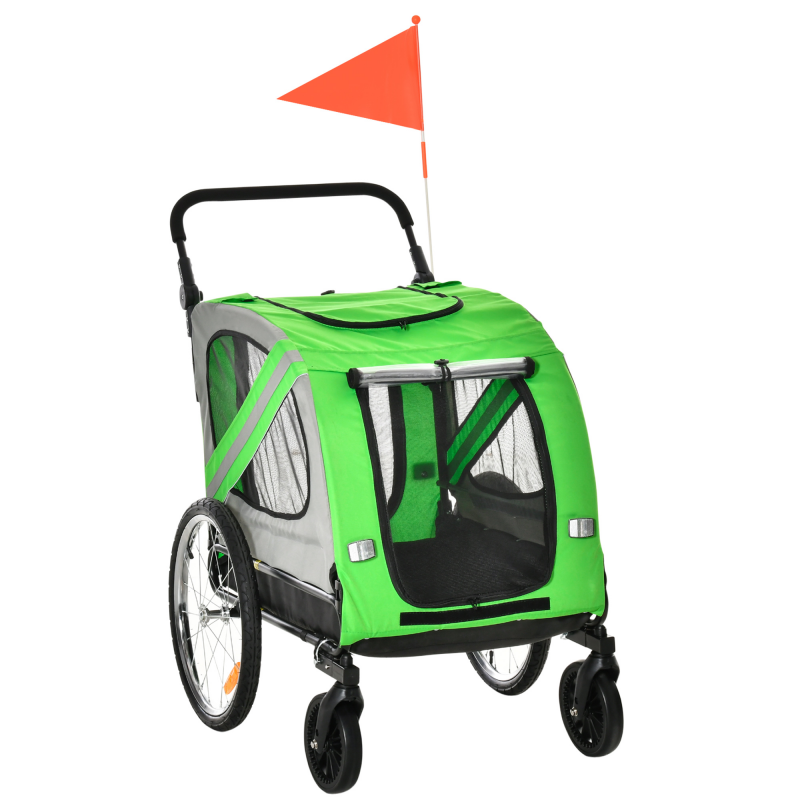 PawHut Fahrradanhänger und Hundebuggy 2 in 1, Hundeanhänger aus Stahl und Oxford-Gewebe mit Reflektoren und Flagge, Grün Aosom – Bild 1 von 2