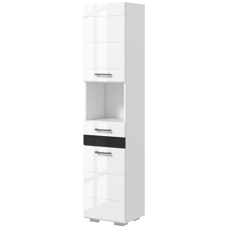 kleankin Badezimmerschrank aus MDF, Badezimmerschrank mit offenem Regal, Schublade und geschlossenem Schrank, 37x32,5x170 cm, Glänzendes Weiß Aosom – Bild 1 von 2