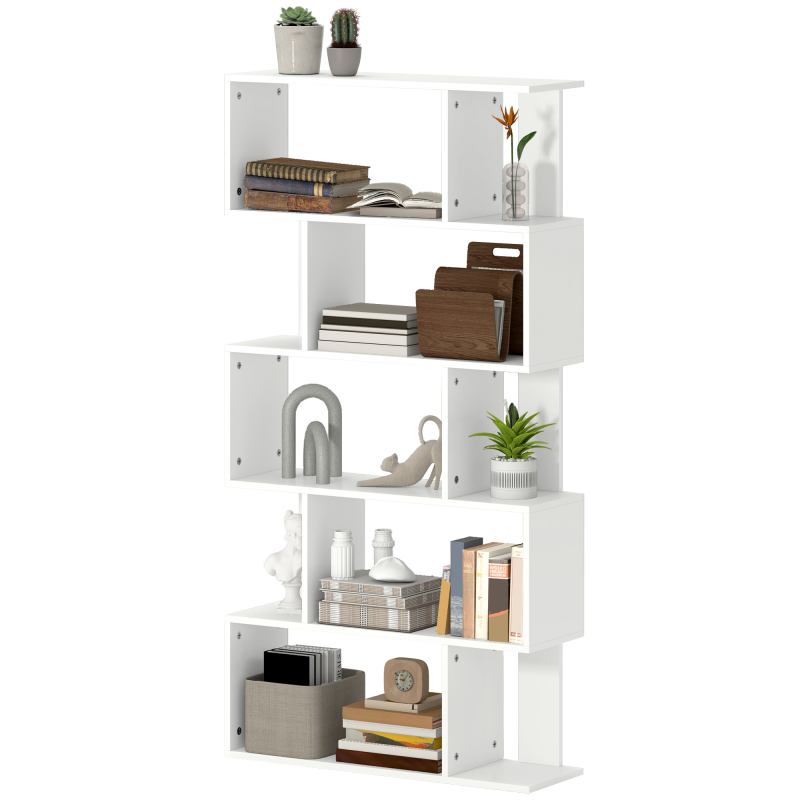 HOMCOM Asymmetrisches Regal in S-Form mit 5 Ebenen und 10 offenen Regalen und Kippschutzgurten, modernes Regal aus Spanplatte, 80x24x159 cm, Weiß Aosom – Bild 1 von 2