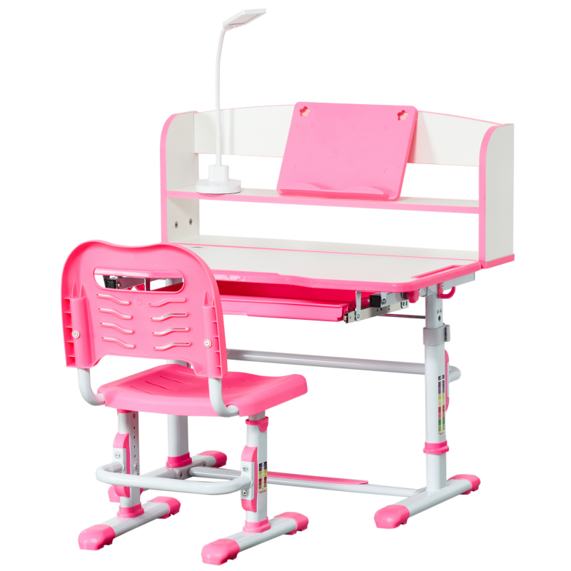 HOMCOM Set Schreibtisch und Stuhl für Kinder 6-12 Jahre höhenverstellbar, Kinderschreibtisch mit 45° neigbarer Platte, Lampe, Schublade, Regal, Stifthalter und Lesegestell, aus Stahl und MDF, Rosa Aosom – Bild 1 von 2