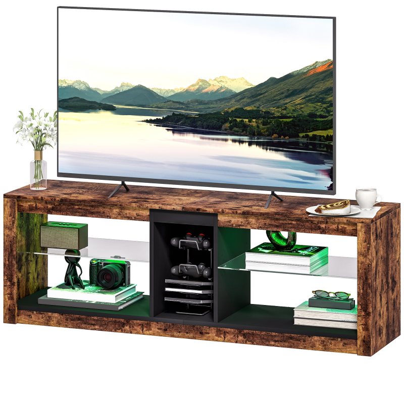 HOMCOM TV-Möbel mit LED-Lichtern und Fernbedienung, TV-Holzbank für Fernseher bis zu 65 Zoll mit offenen Regalen und Fächern, für Wohnzimmer Schlafzimmer, 140x35x47cm, braun Aosom – Bild 1 von 2