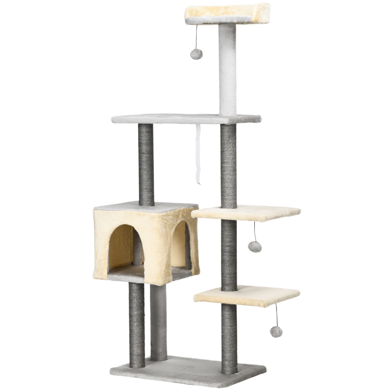 PawHut Kratzbaum für Katzen 156cm hoch mit Liegebett, Höhle und Sisal-Kratzstämmen, Spanplatte und Plüsch, Grau und Beige Aosom – Bild 1 von 2