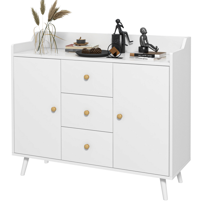 HOMCOM Wohnzimmerschrank aus Holz mit 3 Schubladen und 2 Schränken, modernes und vielseitiges Wohnzimmermöbel für Küche, Esszimmer und Eingangsbereich, 90x32x80 cm, Weiß Aosom – Bild 1 von 2
