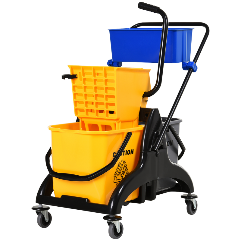 HOMCOM Haushaltswagen Reinigungswagen professioneller Reinigungswagen seitlicher Auswringmechanismus Eimer 26 L + Aufbewahrungskorb 78 x 45 x 95 cm Gelb Aosom – Bild 1 von 2