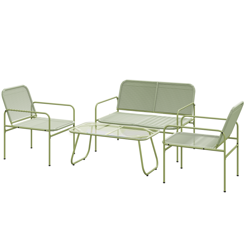 Outsunny 4-Sitzer Outdoor-Rattan-Loungeset mit 2-Sitzer-Sofa, 2 Sesseln, Couchtisch aus gehärtetem Glas, Stahlgestell, Gartenmöbel für Balkon Terrasse, Grün Aosom – Bild 1 von 2