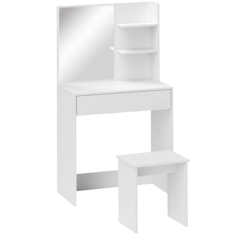 HOMCOM Schminktisch mit 3 Regalen und Schubladen mit Spiegel und passendem Hocker, Schminktisch aus Spanplatte, 75x40x137 cm, Weiß Aosom – Bild 1 von 2