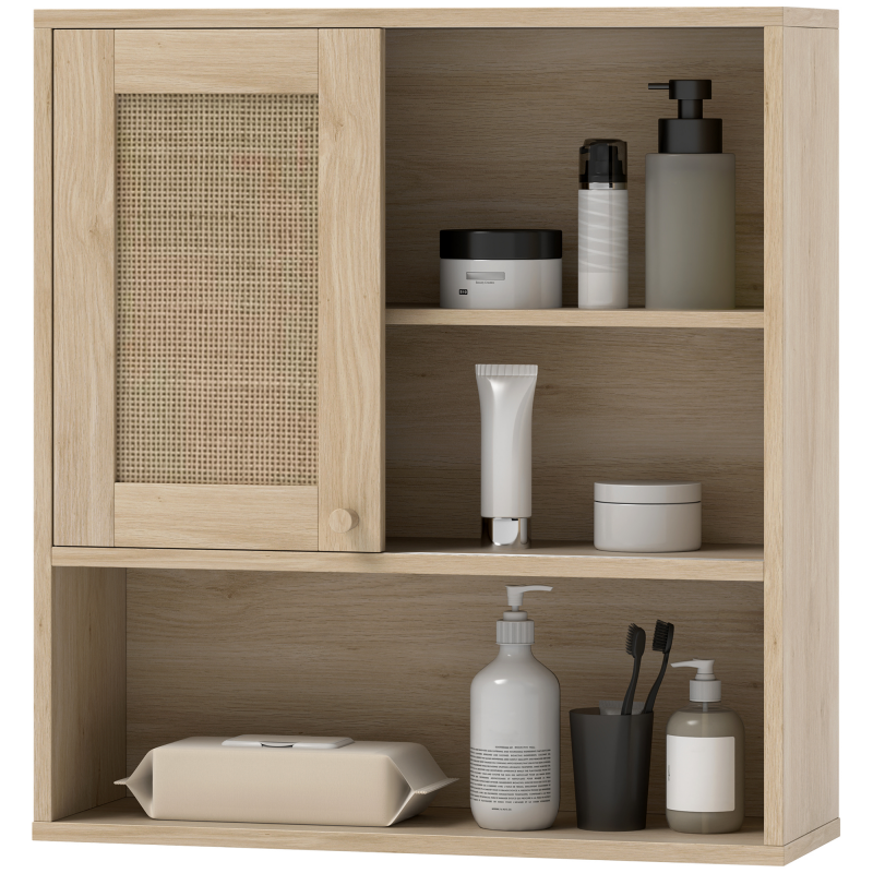 HOMCOM Wandhängeschrank, Badezimmerschrank mit Rattantür und offenen Regalen, böhmischer Badezimmerschrank, Wandhängemöbel, 60 x 20 x 65 cm, Naturholz Aosom – Bild 1 von 2