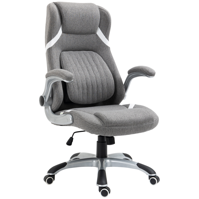 Vinsetto Ergonomischer Bürostuhl mit klappbaren Armlehnen und Kopfstütze, Drehbarer Schreibtischstuhl mit verstellbarer Lordosenstütze und Wippfunktion in Leinenstoff für das Büro, Grau Aosom – Bild 1 von 2