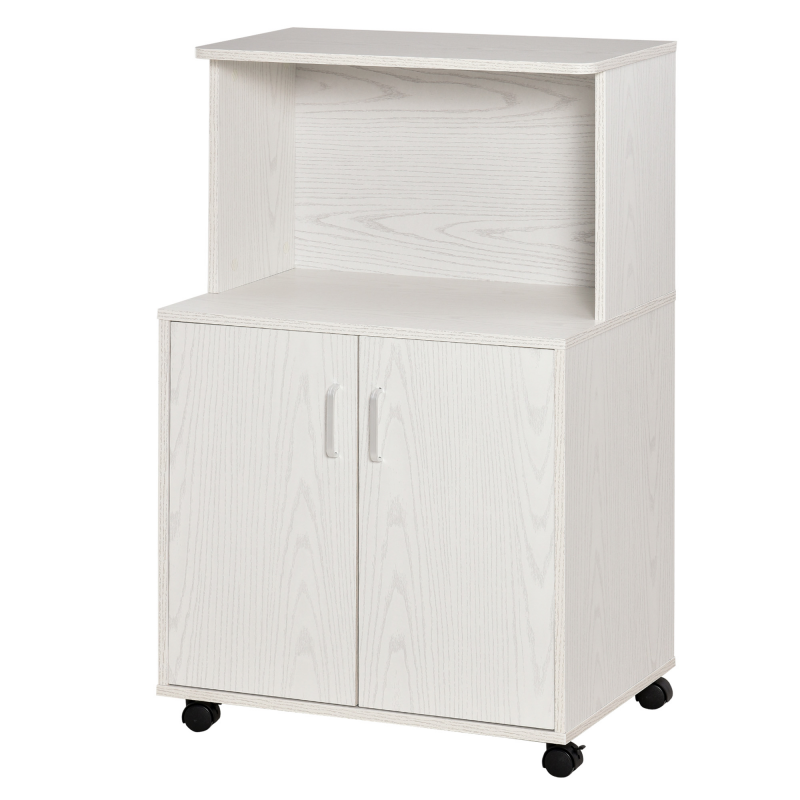 HOMCOM Rollbarer Mehrzweck-Küchenwagen mit Rädern, Schrank und Ablage für die Mikrowelle, hoher Schrank aus Spanplatte, 60,4x40,3x97cm Weiß Aosom – Bild 1 von 2