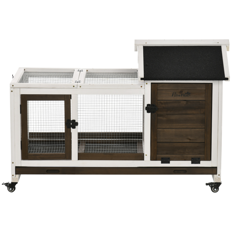 PawHut Zwergkaninchenstall aus Holz, 108 x 58 x 73,5 cm Kleintierstall mit Freilaufgehege, Rädern, Klappdach, Zwergkaninchenkäfig mit Ausziehbarem Tablett für Indoor, Outdoor, Kaffee Aosom – Bild 1 von 2