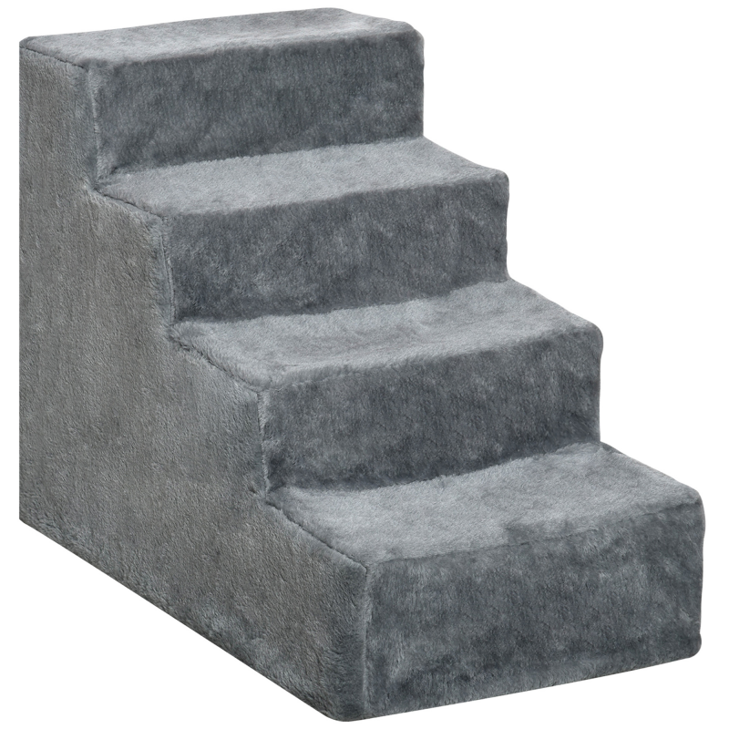 PawHut Haustiertreppe 4-stufige Hunderampe mit abnehmbarem Bezug, Katzentreppe, Spanplatte, Plüsch, Grau, 60x35x44cm Aosom – Bild 1 von 2